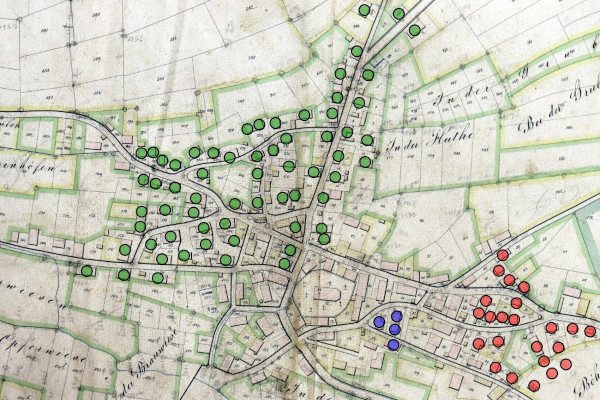 Katasterkarte von 1834 mit Markierung der abgebrannten Häuser